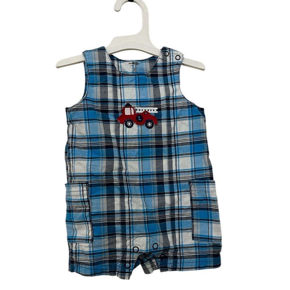 Carters Plaid Blue Firefighterter Sleeveless Romper Baby Boy Size 3 Months